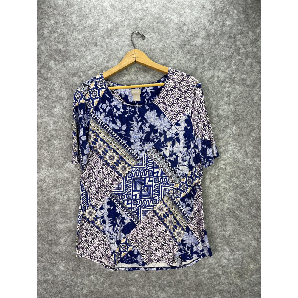 Chicos Shirt Womens Large Blue Purple Patchwork Floral Print Short Sleeve